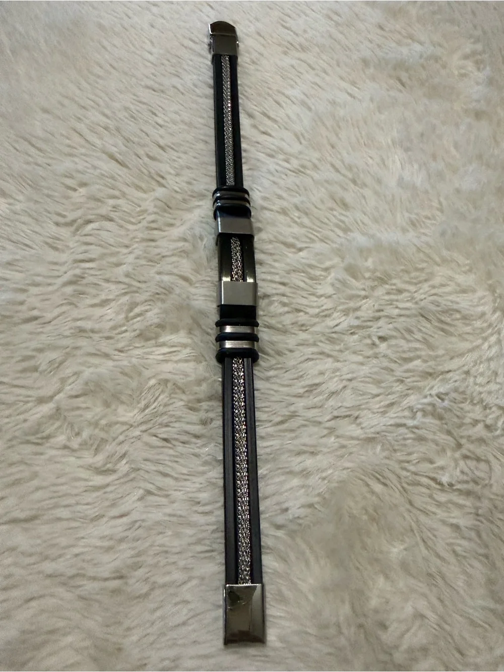 Men's Black Leather Bracelet with Silver Accents
